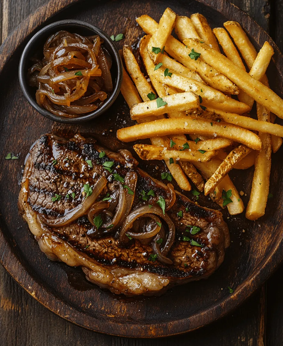 Imagine sitting down to a beautifully set table, the aroma of a perfectly cooked ribeye steak wafting through the air, paired with sweet, caramelized French onions and golden, crispy fries. This is not just a meal; it's an experience that invites indulgence. The dish we're exploring today is Savory Ribeye Steak with Caramelized French Onions and Crispy French Fries. This culinary delight is perfect for special occasions, like anniversaries or holiday dinners, and equally satisfying for a comforting weeknight dinner.