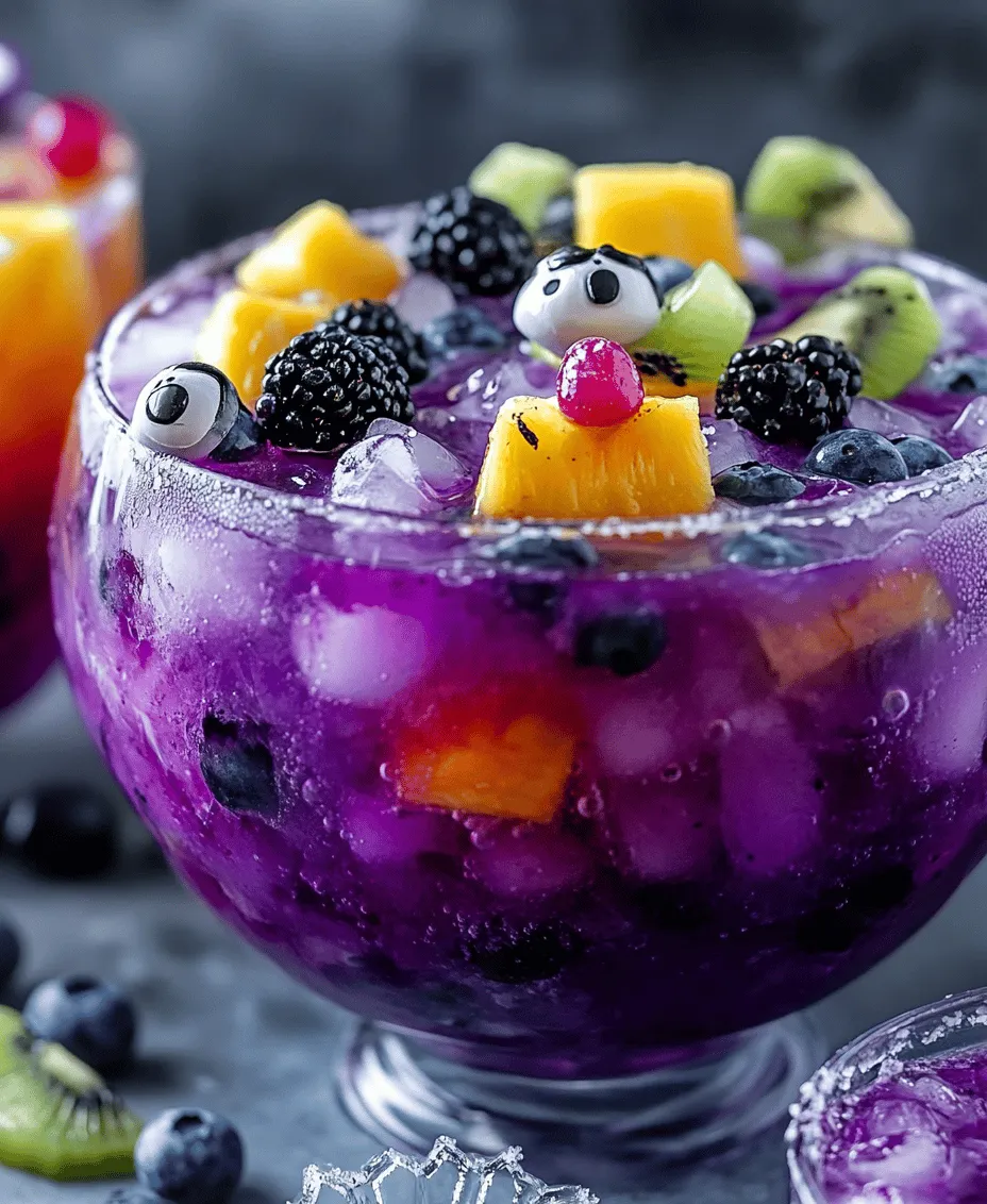 1. <strong>Gather Your Ingredients</strong>: Start by assembling all the necessary ingredients listed above. This ensures that you have everything on hand and ready to go.” /></p>
</p>
<h2>Incorporating the Purple Elements</h2>
</p>
<p>To create the perfect Purple People Eater Halloween Punch, the key is to carefully incorporate the purple grape soda, which serves as the punch’s base. Start by preparing your punch bowl or pitcher and pour in the grape soda slowly. This technique is crucial to maintain the carbonation, as pouring too quickly can cause the soda to fizz excessively and lose its effervescence. The fizz adds a celebratory touch to the punch, making it perfect for your Halloween festivities.</p>
</p>
<p>As you pour the grape soda, watch the colors blend together with the other ingredients. The deep purple of the soda contrasts beautifully against the lighter hues of the mixed fruits and other liquids, creating an enticing visual experience that draws guests in. The sight of this vibrant concoction swirling in your bowl will certainly set the mood for a spooky gathering.</p>
</p>
<h2>Fruity Additions for Flavor and Spookiness</h2>
</p>
<p>No punch is complete without an array of fruits that not only enhance the flavor but also add to the punch’s visual appeal. For the Purple People Eater Halloween Punch, fresh blueberries and blackberries are an excellent choice. These dark berries contribute a burst of flavor while reinforcing the punch’s purple theme. Scatter them throughout the punch to create a delightful fruity surprise in every glass.</p>
</p>
<p>To elevate the flavor profile and add a touch of exotic flair, consider incorporating mixed fruits like lychee, kiwi, and dragon fruit. Lychee, with its sweet, floral taste, brings a unique flavor that contrasts nicely with the tartness of the berries. Kiwi adds a vibrant green pop, while dragon fruit, with its striking pink skin and speckled white flesh, provides an intriguing visual element. These fruits not only make the punch look stunning but also introduce a delightful variety of flavors that will surprise and delight your guests.</p>
</p>
<h2>Final Touches</h2>
</p>
<p>To ensure your punch stays refreshingly cold throughout the party, it’s essential to chill it with ice cubes. However, for an added spook factor, consider using ice cubes that are made from purple grape juice or berry puree. These spooky ice cubes will not only keep your punch cold but also gradually release their flavors as they melt, enhancing the overall taste of the drink.</p>
</p>
<p>Garnishes can also elevate your punch to the next level. Think outside the box and consider adding gummy eyeballs or other Halloween-themed candy. These playful touches will not only amuse your guests but also tie in with the spooky theme of your Halloween gathering. You might even want to create spooky ice molds in fun shapes like bats or ghosts to add an additional layer of creativity.</p>
</p>
<h2>Serving Suggestions</h2>
</p>
<p>When it comes to serving your Purple People Eater Halloween Punch, the presentation is just as important as the flavor. Choose glassware that complements the Halloween theme—think clear glasses that allow the vibrant colors of the punch to shine or even themed cups that feature spooky designs. If you really want to go all out, consider serving the punch in a cauldron for a dramatic effect that will have your guests raving about your creativity.</p>
</p>
<p>Pair your punch with Halloween-themed snacks to create a cohesive party experience. Savory treats like spider-shaped cheese balls or ghostly cupcakes make for perfect companions to the punch. You could also set up a festive snack table with a variety of Halloween delights, ensuring that your guests are well-fed and ready to enjoy the drinks.</p>
</p>
<p>For an added touch of fun, create themed table settings. Use tablecloths in dark colors, add decorative spiders or cobwebs, and consider incorporating flickering LED candles for an eerie ambiance. This attention to detail in your presentation will make your gathering memorable and immersive.</p>
</p>
<h2>Nutritional Information</h2>
</p>
<p>Understanding the nutritional content of your Halloween punch is valuable, especially if you have guests with dietary restrictions. A typical serving of Purple People Eater punch, including grape soda and a mix of fruits, offers a refreshing balance of carbohydrates and natural sugars while providing some essential vitamins from the fruits used.</p>
</p>
<p>For those looking for healthier alternatives, consider substituting regular grape soda with a diet version or even sparkling water infused with grape juice. This can lower the overall sugar content while maintaining the fruity flavor. You can also add in more fresh fruits like oranges or pomegranate seeds, which not only enhance the taste but also add antioxidants and vitamins to your punch.</p>
</p>
<p>If you want to make the punch vegan-friendly or cater to gluten-free diets, ensure that all your ingredients meet those requirements. Fresh fruits are naturally vegan and gluten-free, making them a perfect addition to this festive drink.</p>
</p>
<h2>Conclusion</h2>
</p>
<p>Creating the Purple People Eater Halloween Punch is not just about mixing drinks; it’s about crafting an experience that brings friends and family together in celebration of the spooky season. With its vibrant colors, fruity flavors, and fun garnishes, this punch is sure to be a standout feature at any Halloween gathering.</p>
</p>
<p>Embrace the spirit of creativity and playfulness that Halloween offers, and don’t hesitate to experiment with different ingredients and presentations. Whether it’s adding your personal twist to the punch or incorporating unique garnishes, the possibilities are endless.</p>
</p>
<p>Encourage your guests to enjoy the process of making this delightful punch together. After all, the best memories are often created in the kitchen, laughing and creating together. So gather your ingredients, prepare your punch, and get ready to delight in the fun and festive atmosphere that the Purple People Eater Halloween Punch will bring to your celebrations!</p>
		</div>

				<footer class=